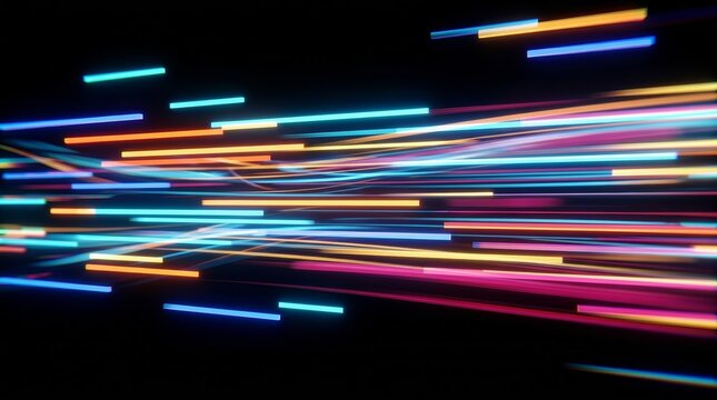 Abstract digital transformation with colorful light streaks and bars against a black background.