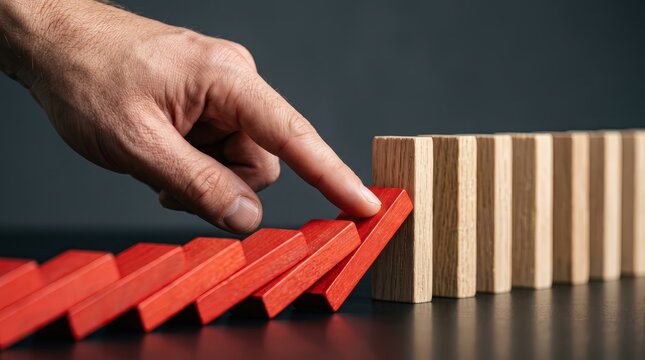 To manage risk and control, a hand stops a sequence of falling red dominoes.