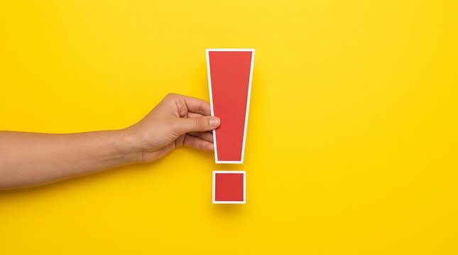 An exclamation mark in red paper held by a female hand against a yellow backdrop.