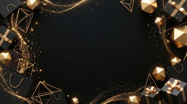 Luxury Geometric Black Friday Frame with Golden Polygons and Copy Space on Dark Black Background