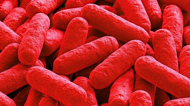 Scientific closeup 3d illustration of dense population of red rod shaped bacteria microorganisms shows microbiology and medical life science research concept