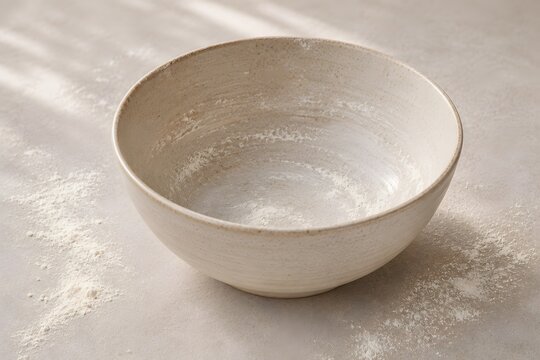 Ceramic mixing bowl with light flour dust on a neutral table