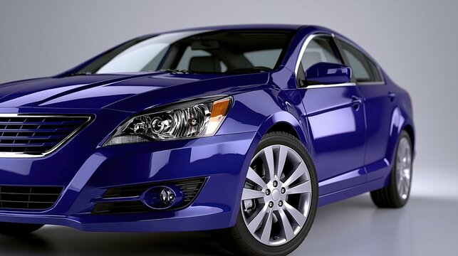 Shiny modern deep blue four-door passenger sedan car with silver alloy wheels displayed against plain neutral grey background for automotive industry concepts