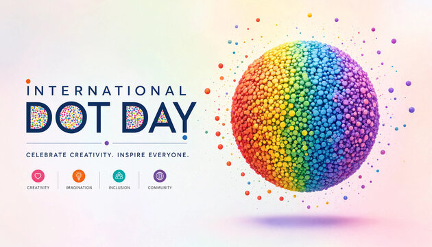 International dot day banner with colorful rainbow sphere and typography