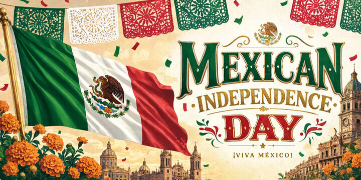 Mexican independence day banner featuring waving flag and marigold flowers