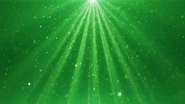 Green light rays emanating from above with floating particles during a dramatic cinematic reveal