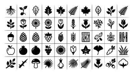 Fototapeta premium Botanical icons set with monochrome illustrations featuring leaves, flowers, fruits with roots and seeds