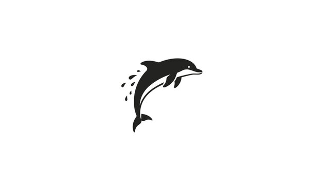 Jumping dolphin silhouette icon with water splash details isolated on a plain white background for logo designs.