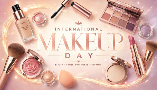 International makeup day background with cosmetics on pink surface