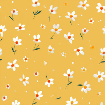 Seamless flower pattern white flower orange center yellow background floral wallpaper spring pattern botanical pattern repeating pattern cute pattern hand drawn style