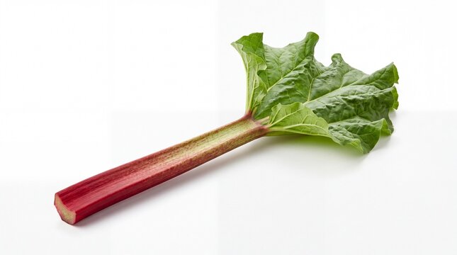 Fresh raw rhubarb stalk with a green leaf