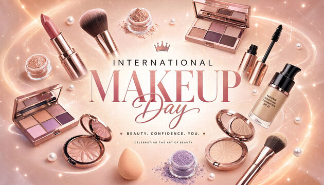 International makeup day background featuring beauty products and cosmetics
