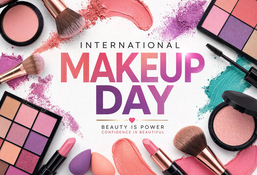 International makeup day flat lay banner with cosmetics and color swatches