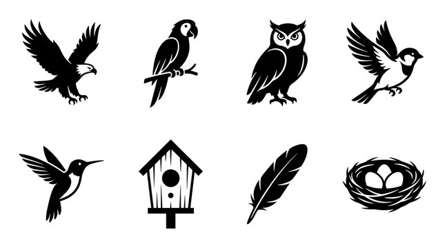 Black silhouette icons of birds and nesting symbols.