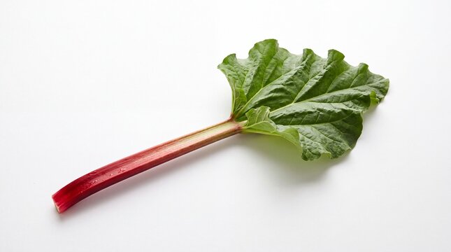 Fresh rhubarb stalk with large green leaf