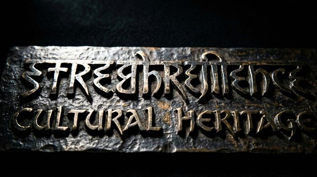 Placa met&aacute;lica grabada con palabras de herencia cultural y resiliencia, iluminaci&oacute;n dram&aacute;tica sobre fondo oscuro para destacar la identidad y tradici&oacute;n.