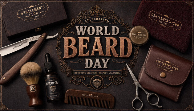 World beard day vintage barber shop flat lay arrangement with grooming tools on dark wood