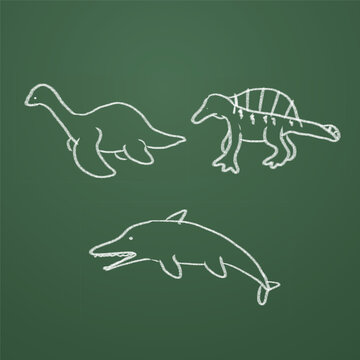 An icon pack featuring white chalk-style cartoon dinosaur doodles: plesiosaur, Spinosaur, Mosasaur