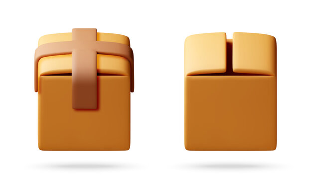 3d illustration of brown cardboard boxes. Closed shipping container and present package with ribbon. Delivery service parcel and gift box icon for online shopping concept, isolated object.