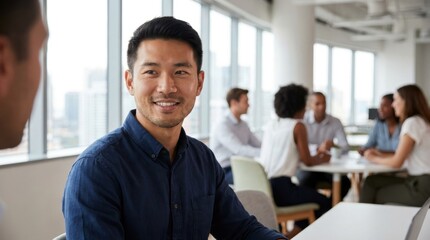Obraz premium Confident Asian male professional smiling during business meeting in modern bright corporate office workspace with diverse colleagues collaborating