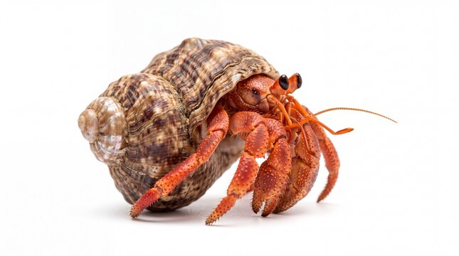 Small red hermit crab crawling in a patterned seashell