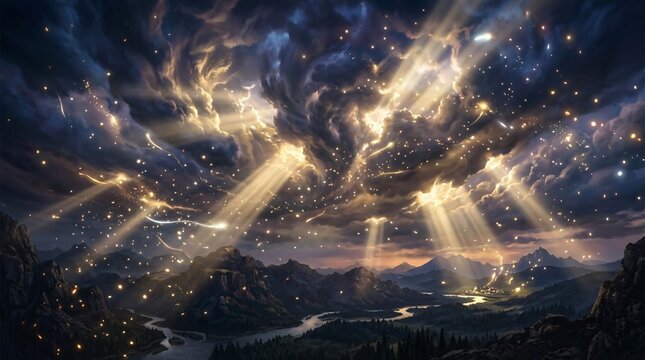 Rayos de sol dorados iluminando un paisaje monta&ntilde;oso m&iacute;stico con r&iacute;o serpenteante y part&iacute;culas de luz brillante, atm&oacute;sfera &eacute;pica de fantas&iacute;a.