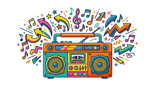 Retro boombox playing music with colorful sound waves and musical notes emanating outwards in a vibrant illustration