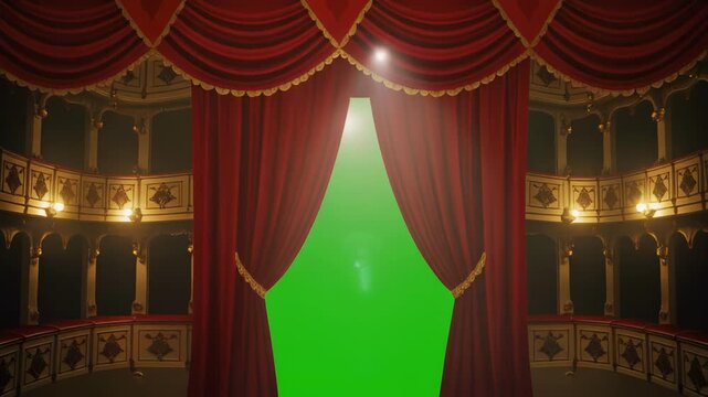 Ornate theater stage with red velvet curtains opening to reveal green screen backdrop during a dramatic spotlight