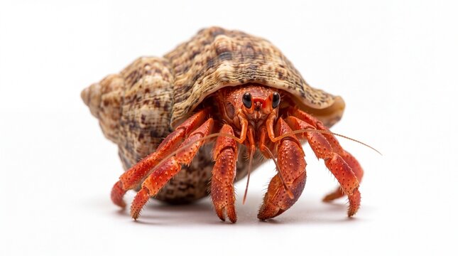 Small red hermit crab with a textured brown shell
