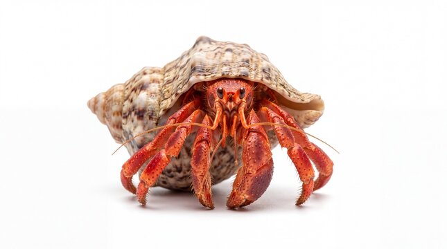 A small red hermit crab hiding inside a textured sea shell