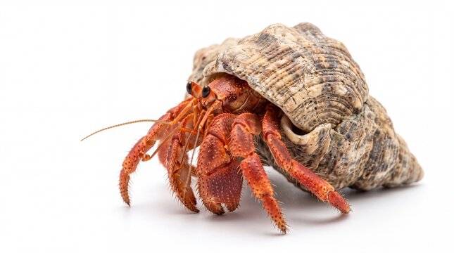 Small red hermit crab crawling with a textured spiral shell