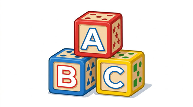 Three colorful alphabet building blocks stacked together spelling ABC for early childhood education and learning