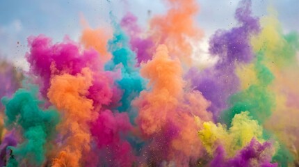 Fototapeta premium Nube de polvo de colores vibrantes en explosión festiva, fondo abstracto para celebración cultural y Mes de la Herencia Hispana.