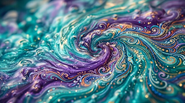 Remolino abstracto de arte fluido turquesa, morado y dorado con detalles ornamentales para el Mes de la Herencia Hispana.