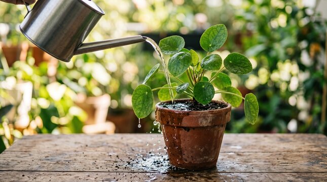 Watering can pouring fresh clear water over green pilea plant in terracotta pot on wooden table ideal for gardening blog and indoor botanical hobby.