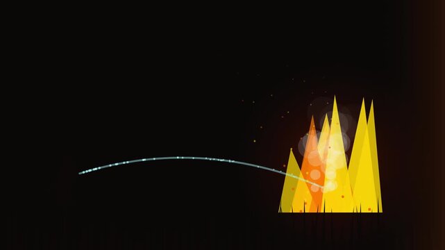 Animated vector graphic of a projectile arc striking geometric flames