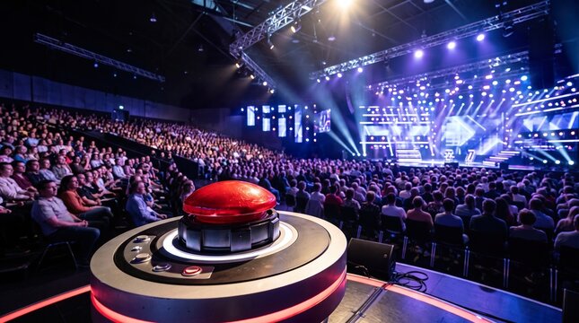 Large red buzzer button placed on center stage in crowded auditorium for interactive game show competition atmosphere with bright spotlights and audience blur.