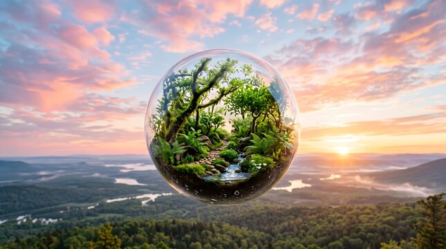 Floating glass terrarium containing lush miniature forest above sunset mountain valley