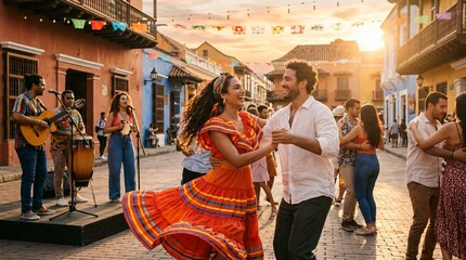 Naklejka premium Pareja bailando alegremente en calle colonial durante celebración del Mes de la Herencia Hispana con música en vivo y baile tradicional al atardecer.