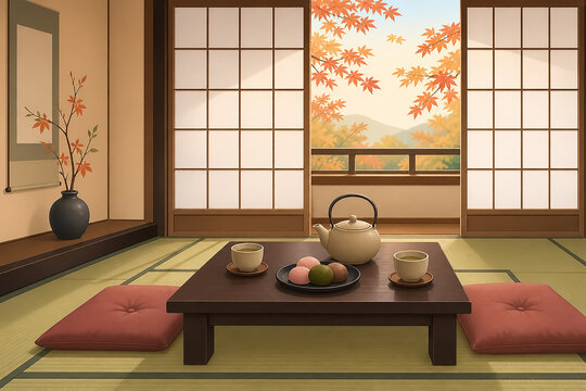 和室の低いテーブルとお茶菓子イラスト