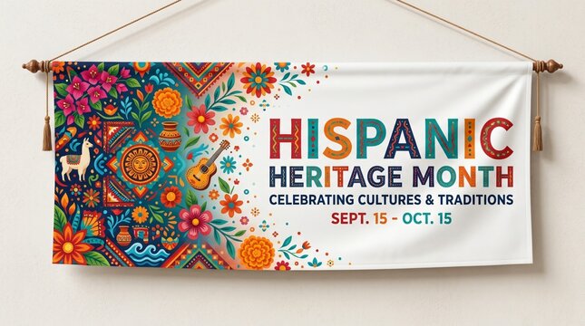 Cartel del Mes de la Herencia Hispana con arte folcl&oacute;rico tradicional, patrones florales coloridos y elementos culturales latinoamericanos.