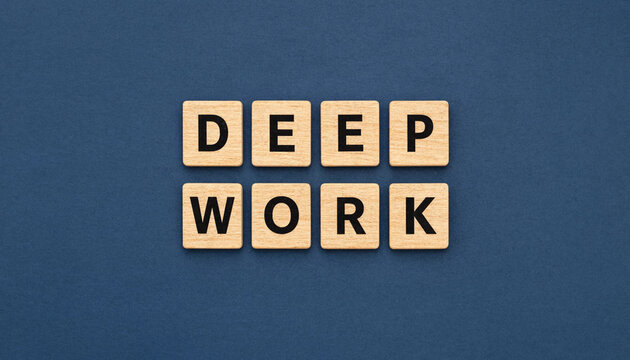 Deep work concept spelled with wooden letter tiles on blue background for focus and productivity