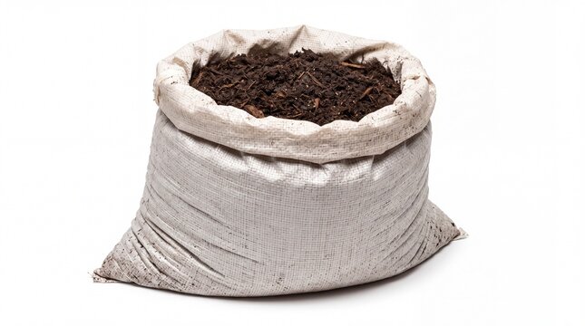 Full sack filled with dark garden soil for agriculture