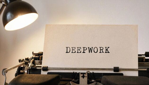 Deepwork concept on vintage typewriter with paper under desk lamp indoors