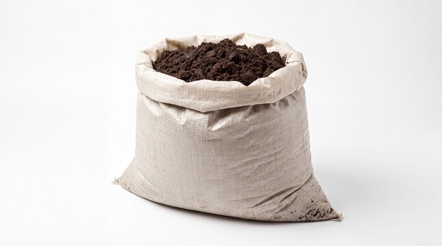 Large burlap sack filled with fresh brown garden soil