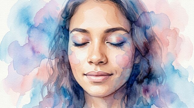 Mujer hispana en serenidad con estilo acuarela, paz interior y bienestar emocional para el Mes de la Herencia Hispana.