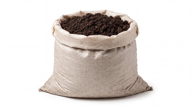 Full sack filled with dark organic soil for gardening