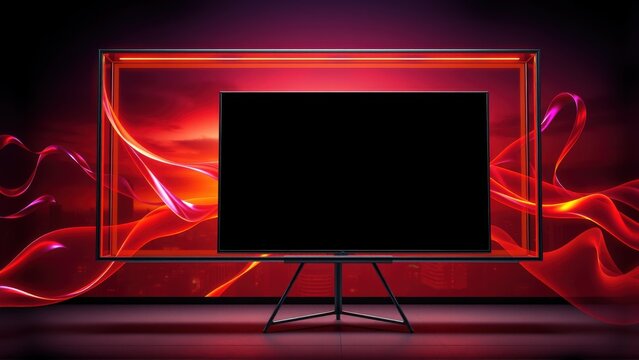 Modern television set displayed. Red illumination surrounds device, creating dramatic visual effect. Dark background emphasizes screen.