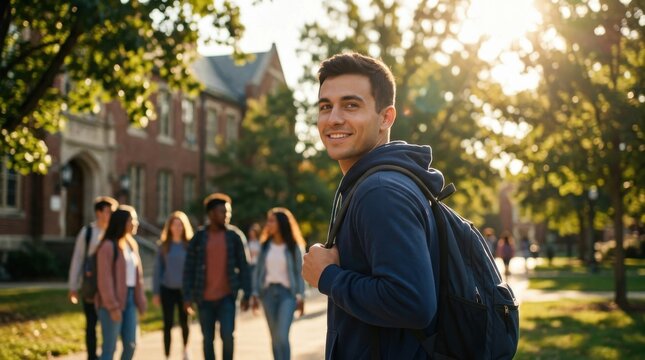 Confident college student wearing backpack smiling on university campus walkway surrounded by diverse classmates during warm autumn afternoon golden