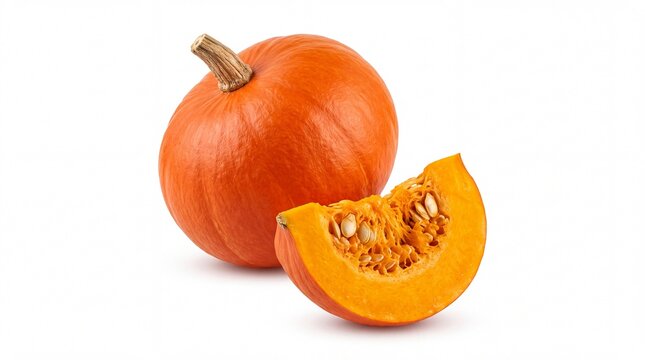 Fresh whole pumpkin and a slice with seeds